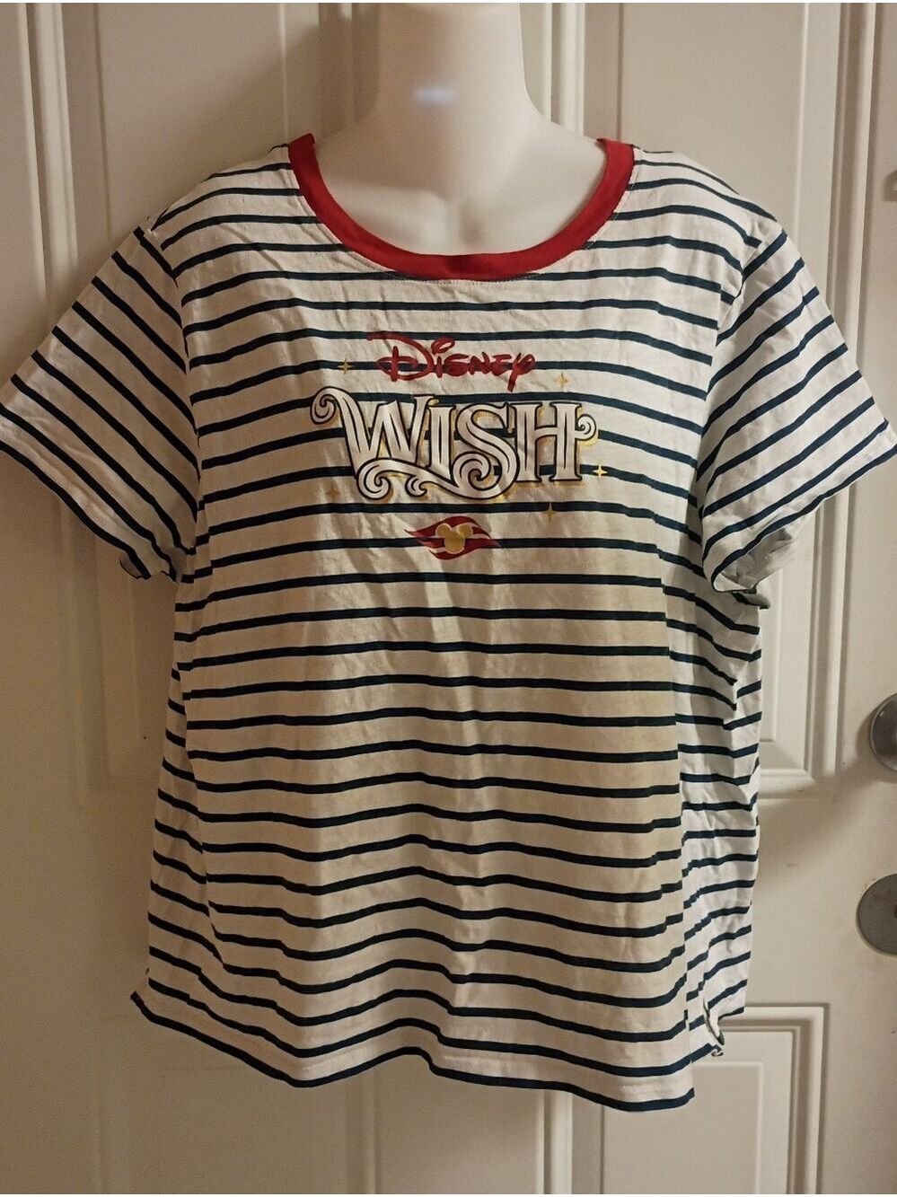 Disney Cruise Line White & Navy Striped 'WISH' Tee with Red Trim